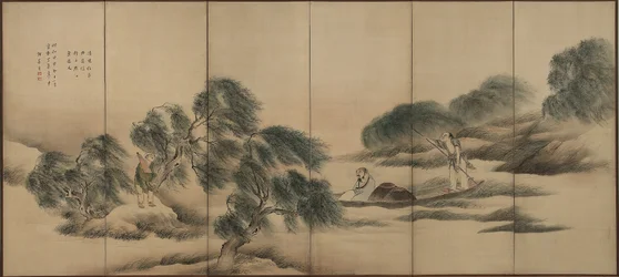 Fiske på en flod efter regn, Edo-period (bläck och färg på siden)